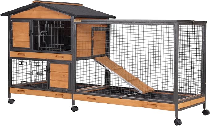 GUTINNEEN Rabbit Hutch Outdoor with Metal Surround Indoor Rabbit Cage with Wheels Bunny Cage Large Guinea Pig Cage for Small Animals with Tray