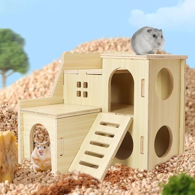 Tiny Hamster Maze Wood House with Slide House, Hamster Hideout Cage Accessories, for Dwarf Gerbils and Mouse Mice Rat Other Small Animals(Only Suitable for Hamsters)