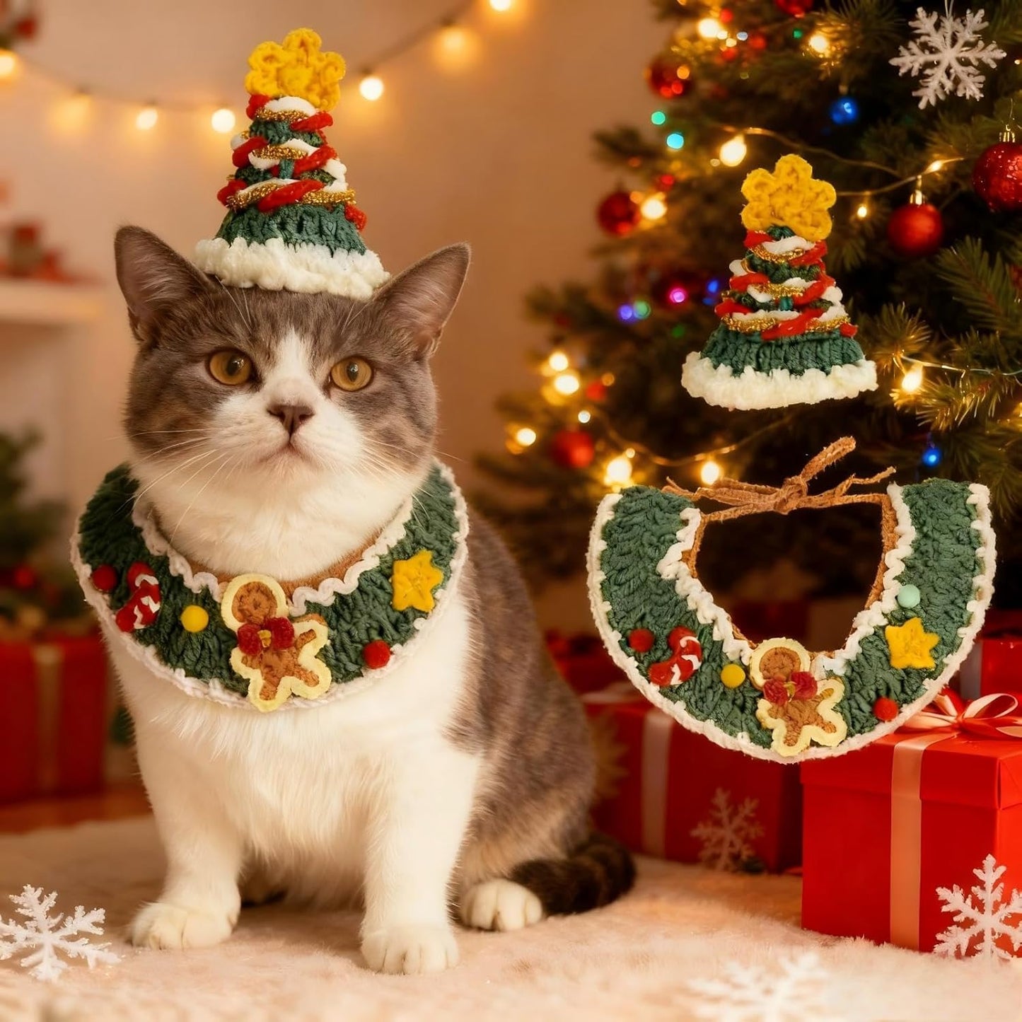 Christmas Dog Costume,Handmade Cat Holiday Outfit with Christmas Tree Hat & Gingerbread Man Scarf Set,Adjustable,Lightweight & Breathable Pet Accessories for Rabbit Xmas Party & Photos  (Small to Large size Pets)