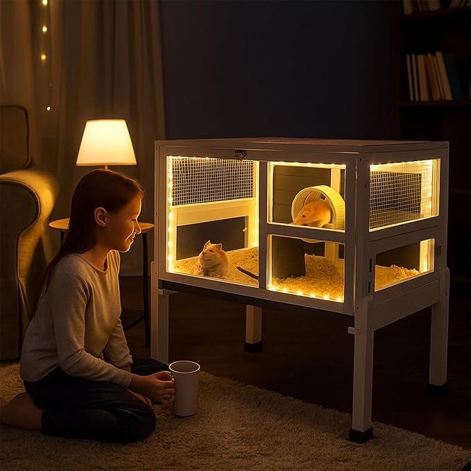 2-Story Guinea Pig Cage with Stand, Indoor Wooden Hamster Cage with Ramp, Pull-Out Tray, Hideout & Platform, Acrylic Transparent Small Animal Habitat for Chinchillas, Ferrets, Hedgehogs,Grey