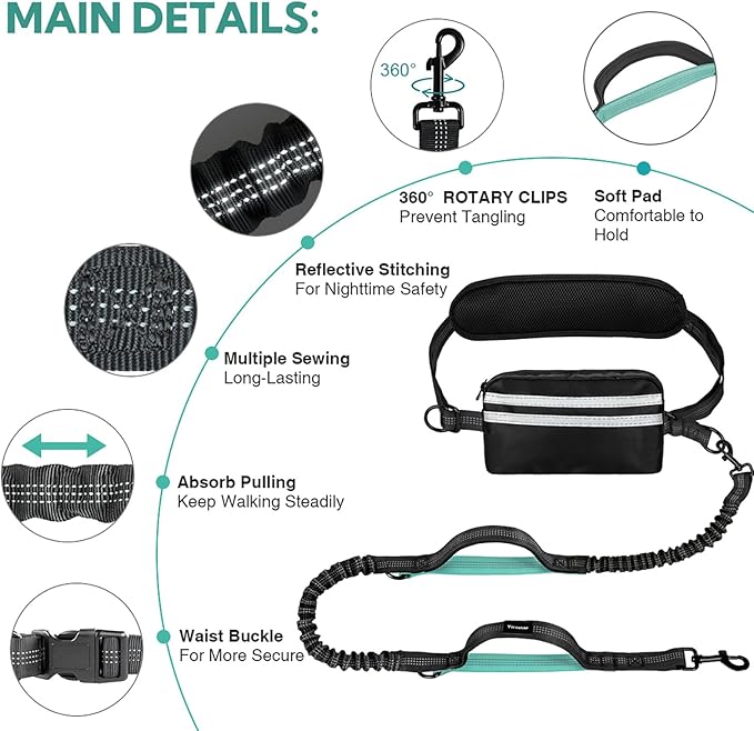 Hands Free Dog Leash with Pouch, Double Leash for Two Dogs, Retractable Bungee with Double Padded Handles, Waist Leash for Dog Walking, Running Leash for Dogs, Dog Walking Accessories