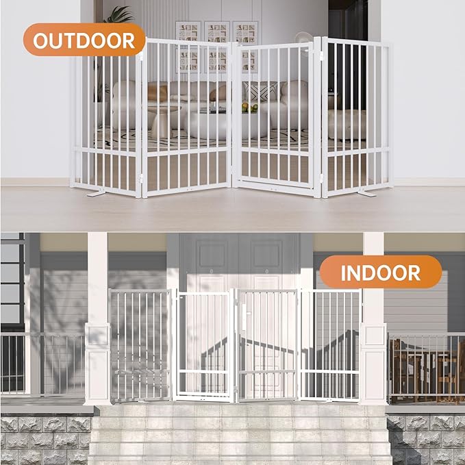 Full Metal Freestanding Dog Gate with Door, 32''Height Foldable Pet Dog Fence for Indoor & Outdoor, 8 Panels Extra Wide Free Standing TallDog Gates for Doorways,House,Stairs,Porch,Deck,Yard