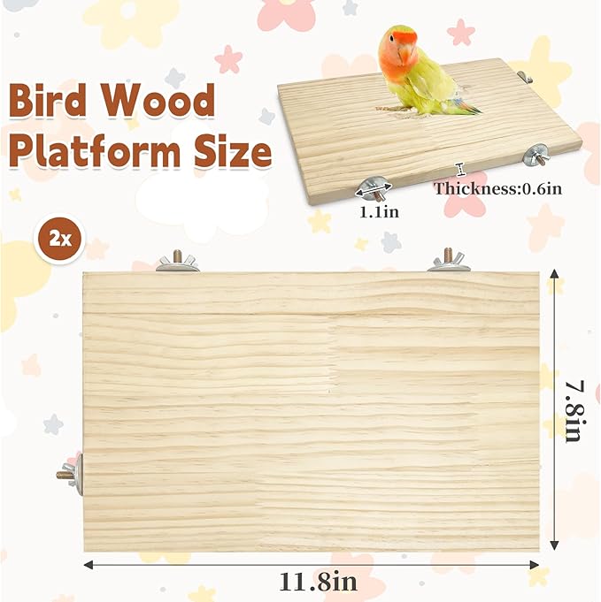 kathson 11.8 x 7.8 Inches Large Bird Perch, 2 PCS Natural Wooden Parrot Stand Platform, Parakeet Rectangle Stand Perch Shelf, Cockatiel Corner Shelf for Conure Budgie Cockatoo Macaw African Grey