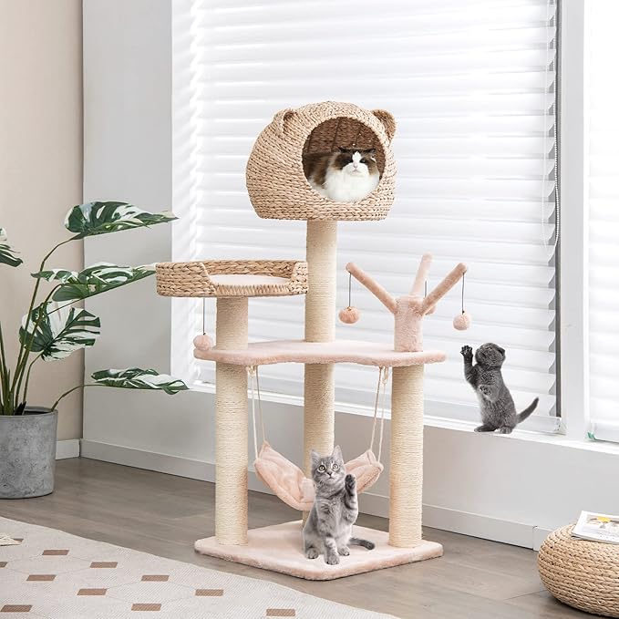 PETSITE Woven Cat Tree, Modern Cat Tower with Hammock & Scratching Posts, Cattail Condo & Top Perch, Cat Activity Tree for Indoor Cats