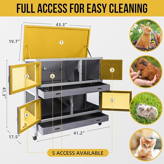 Rabbit Hutch Bunny Cage Indoor Outdoor with Wheel Deeper Tray Chew Proof Guinea Pig Cages 2 Decks Large Rabbit House with 4 Wooden Doors Weatherproof 41.3" L*17.3" W*41.3" H