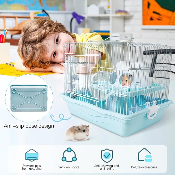 PINVNBY Dwarf Hamster Cage, Small Animal Cages, 2-Tier Travel Portable Mouse Cage Hamster Carrier with Castle House Running Exercise Wheels, Water Bottle and Food Dis(Blue)