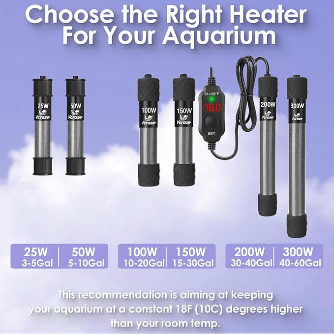 Super Compact 100W Fish Tank Heater, Submersible Aquarium Heater with LED Digital Display Thermostat, Adjustable Fish Heater for 10-20 Gallon Tanks