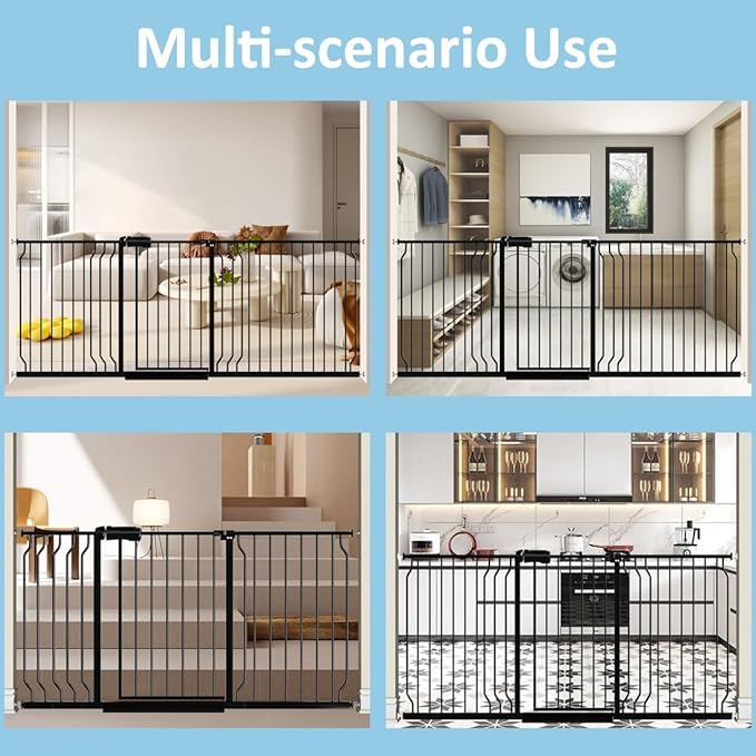 62.2"-71.65" Extra Wide Auto Closing Baby Safety Gate for Stairs & Doorways, Pressure Mounted No Drill Pet Gate with Walk-Through Door - Heavy Duty Childproof Gate for Toddlers, Kids, Dogs (Black)