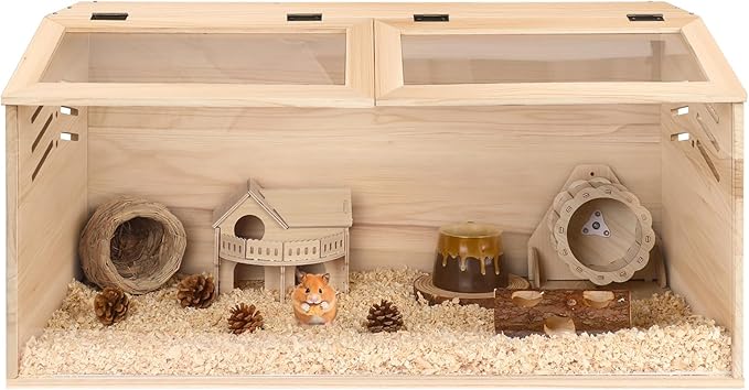 Snowtaros Wooden Hamster Cage, Large Hamster Cages and Habitats Chewproof, with 2 Openable Acrylic Top, Small Animal Cage for Mouse Gerbil Quail Dwarf Syrian Hamsters (31.5" L*15.7" W*15.7" H)