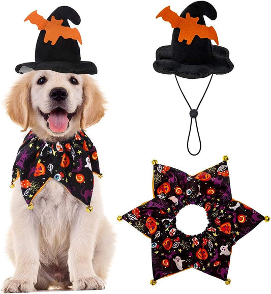 Dog Halloween Costumes - Halloween Style Dog Collar with Bells and Wizard's Hat Set,Halloween Pumpkin Pattern Pet Costume for Dogs Wearing-Black (Small)