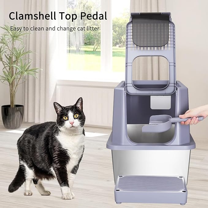 RIZZARI Stainless Steel Cat Litter Box, Odorless Enclosed Litter Box with Top Holes, Large Litter Pan for Small to Large Sized Cats (Cool Gray, 23.8" L*15.9" W*18" H)