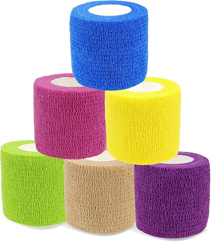 Pet Bandage 6 Rolls, Adhesive Bandage, Self Adhesive Bandage, First Aid Adhesive Gauze, for Horses, Dogs,Cats, Birds, Animals, (Solid Colors, 2 Inch (Pack of 6))