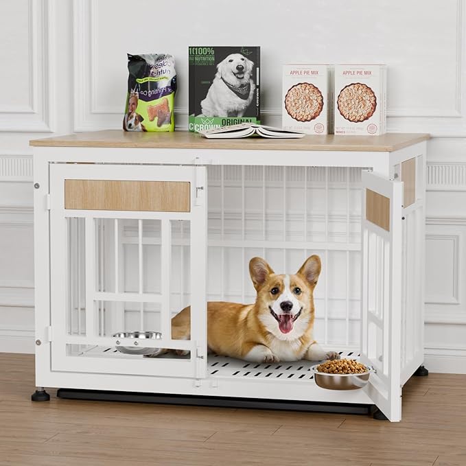 Dog Crate Furniture End Table, 38 Inch Hidden Kennel Cabinet with Removable Tray, Thickened Metal Frame Dog Cage, Dual-Purpose Pet House & Nightstand for Living Room