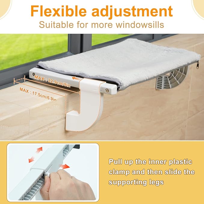 Sunhoo Cat Window Perch Hammock Kitty Bed for Windowsill Bedside Large Cats Shelf Seat Inside with Adjustable Ledge Sturdy Removable Cover Easy Assembly No Suction No Drill Hold 40lbs 22 * 13.58in(S)