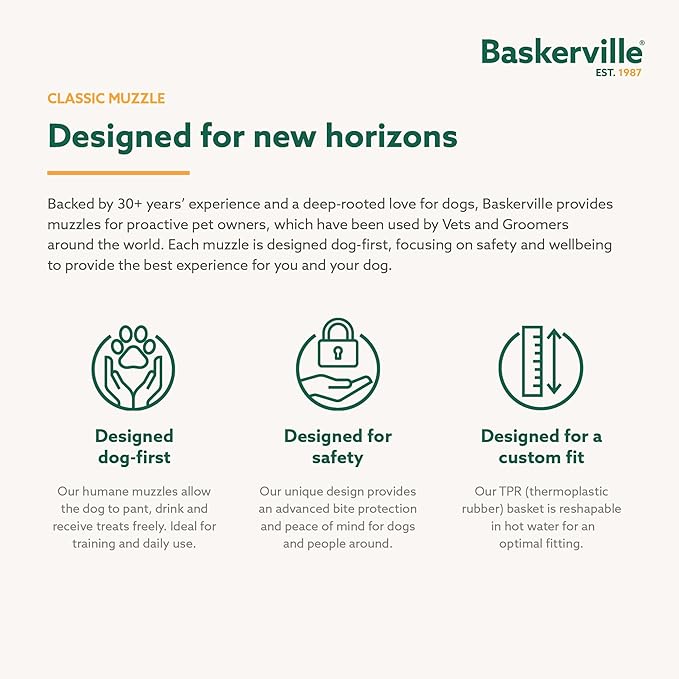 Baskerville Classic Basket Muzzle - Dog can Pant and Drink, Prevents Biting and Food Waste Scavenging, Strong TPR, Ideal for Longer Nosed Dogs, Breathable Dog Training Muzzle for Medium Dogs (Size 6)