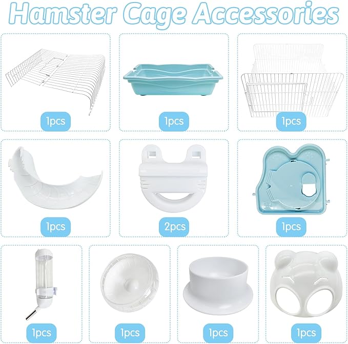 PINVNBY Dwarf Hamster Cage, Small Animal Cages, 2-Tier Travel Portable Mouse Cage Hamster Carrier with Castle House Running Exercise Wheels, Water Bottle and Food Dis(Blue)