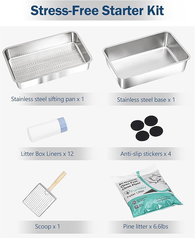 Stainless Steel Sifting Litter Box with Lid, Metal Litter Pan with Scoop for Big Cats Multi Cat, Extra Large Cats Litterbox Odor Control Easy Clean (24 * 16 * 12inch-Side Entry, X-Large)