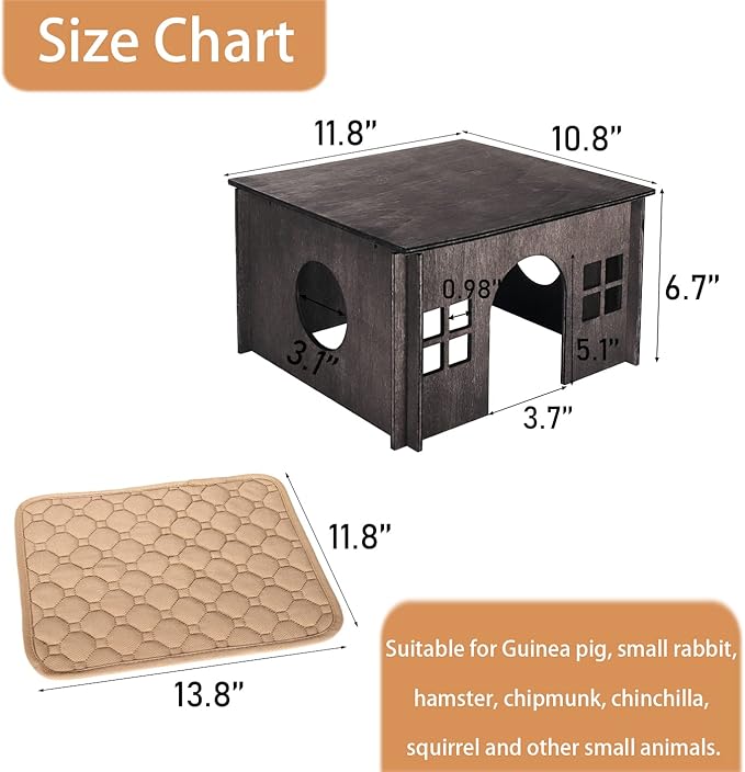 Wooden Guinea Pig House with Windows,Hamster Hideout, Large Size Suitable for Two Guinea Pig Hideout, Ventilated Wood Habitats Decor for Chinchilla, Hamster Mice Gerbils Mouse
