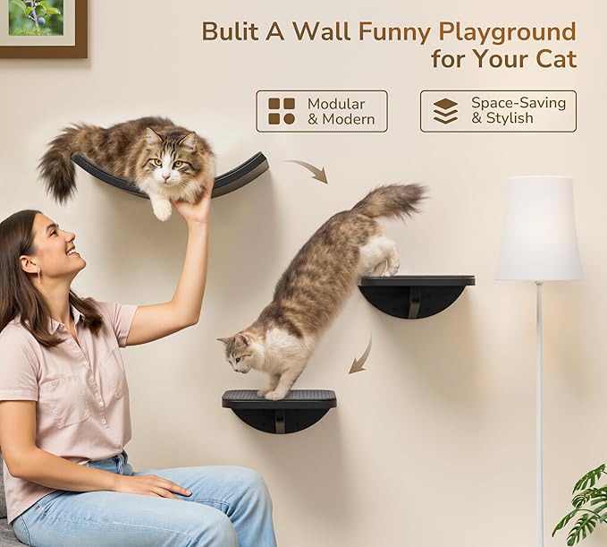 Grey Sisal-Padded Cat Wall Steps (2-Pack), Floating Wooden Cat Perch and Climbing Step Set, Wall Mounted Furniture for Jumping & Play