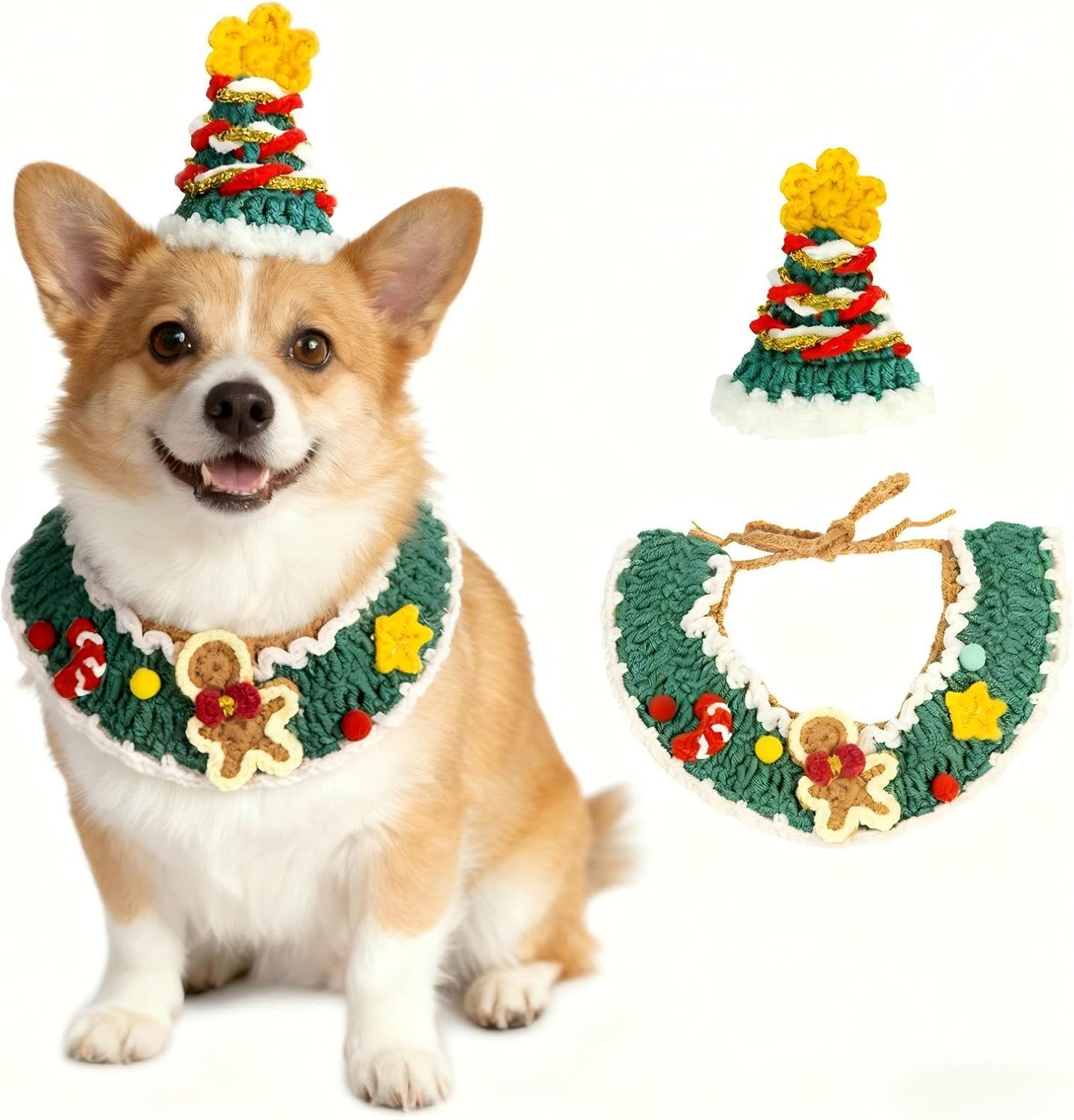 Christmas Dog Costume,Handmade Cat Holiday Outfit with Christmas Tree Hat & Gingerbread Man Scarf Set,Adjustable,Lightweight & Breathable Pet Accessories for Rabbit Xmas Party & Photos  (Small to Large size Pets)