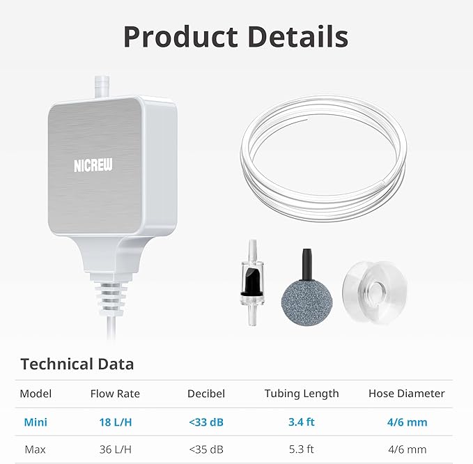 NICREW Nano Silent Aquarium Air Pump White, Aquarium Aerator with Accessories for Up to 10 Gallon Fish Tank, Super Quiet, 0.3 L/min, 1.5 Watts