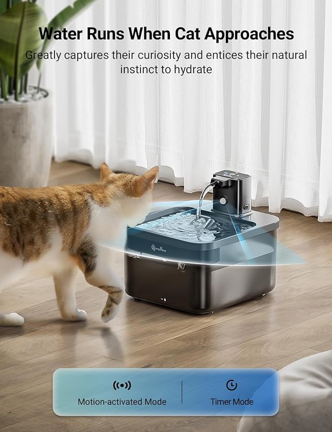 DownyPaws Battery Operated Cat Water Fountain, 84oz/2.5L Fursink Wireless Cat Waterer Fountain with Motion Sensor, BPA-Free, Black with 6 Filters
