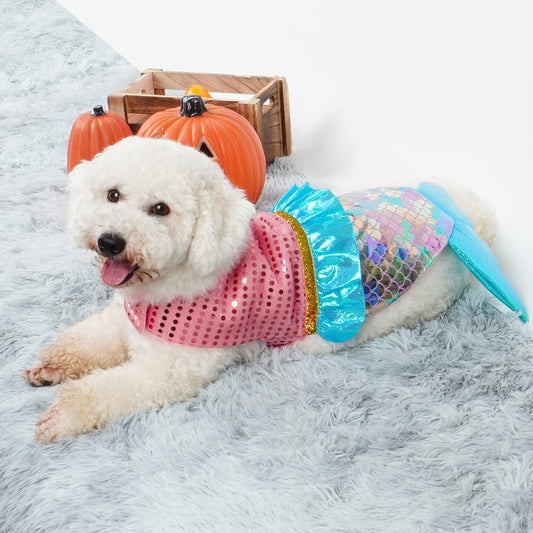 Mermaid Dog Costume Halloween Dog Clothes with Sparkly Sequin Holiday Party Outfits Puppy Pet Costumes for Small Dogs(X-Small to X-Large)