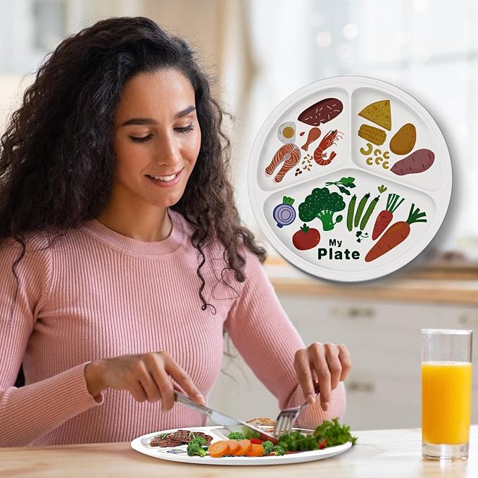 10" 3-Grid Cute Cartoon Portion Control Plate - Melamine, Healthy Nutrition for Weight Loss & Diabetes Management, Ideal for Adults & Teens Kids (4 Pack)