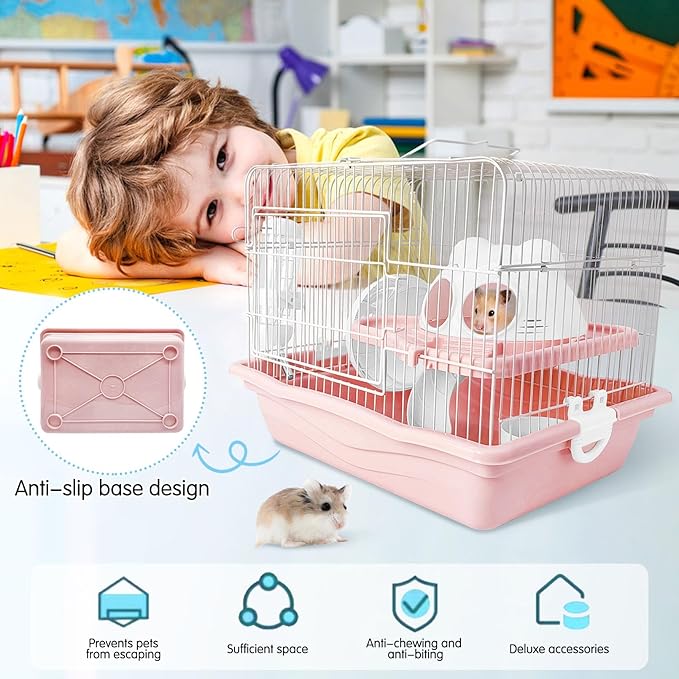 PINVNBY Dwarf Hamster Cage, Small Animal Cages, 2-Tier Travel Portable Mouse Cage Hamster Carrier with Castle House Running Exercise Wheels, Water Bottle and Food Dis(Pink)