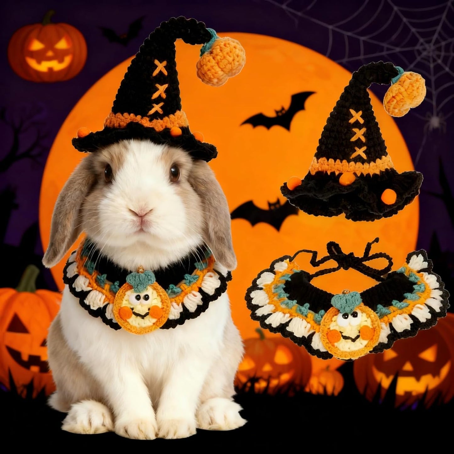 Halloween Dog Costume – Handmade Black Witch Hat & Cute Pumpkin Bandana, Adjustable Cat Outfit for Rabbits,Cats & Small Dogs, Lightweight & Breathable, Festive Pet Accessories (Small to Large Pets)
