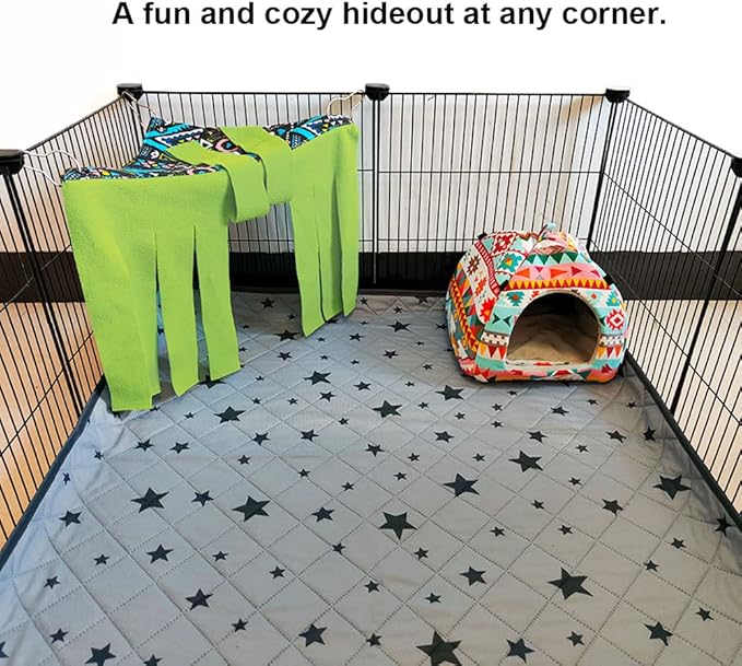 RIOUSSI Guinea Pig Hideout Hideaway Corner Fleece Toys Cage Accessories with Reversible Sides, Geo/Gray+Green, 2 Pack