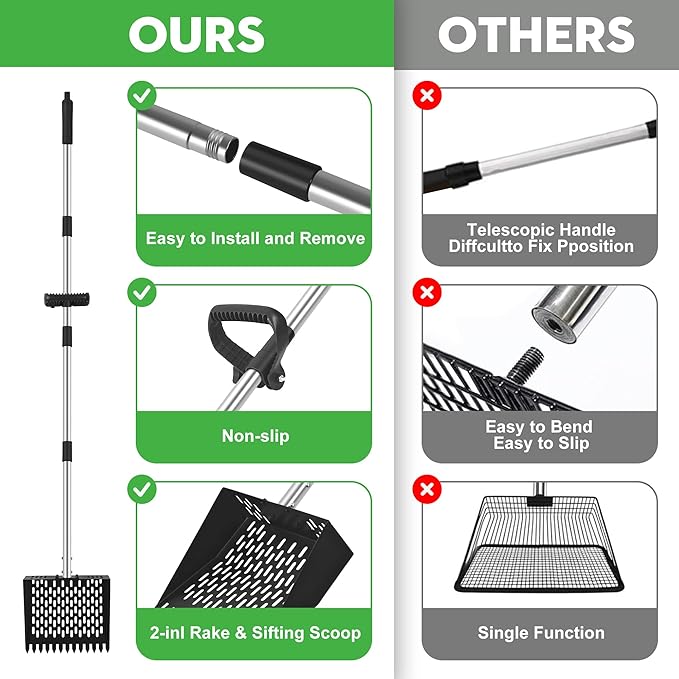 2-in-1 Chicken Poop Scooper & Rake - Adjustable Chicken Coop Scoop with Handle(39、53、67 in),Stainless Steel Shovel Head- Litter Scooper Sand & Sifting Shovel for Chicken Coops