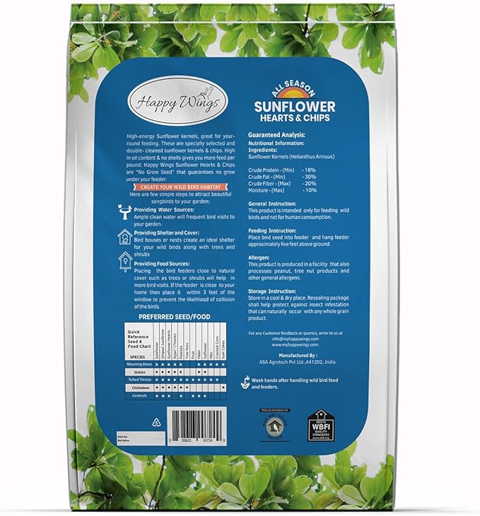 Sunflower Hearts & Chips Bird Food 15 lbs No Mess, No Waste Seed No Grow Formula Ideal for Wild Birds, Finches, Sparrows, and Year-Round Feeding.