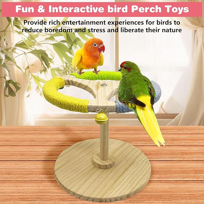 PINVNBY Bird Stand Perch Toy Wooden Spinning Parrot Perch with Cotton Rope and Bell Interactive Cockatiel Toy Bird Cage Accessories for Parakeets Conures Budgies Finches Lovebirds
