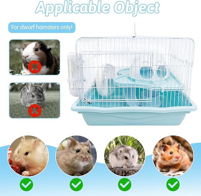 PINVNBY Dwarf Hamster Cage, Small Animal Cages, 2-Tier Travel Portable Mouse Cage Hamster Carrier with Castle House Running Exercise Wheels, Water Bottle and Food Dis(Blue)