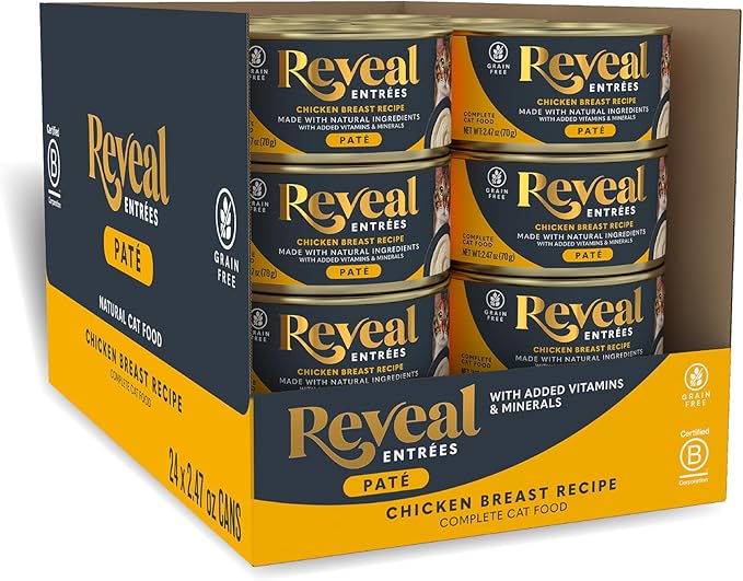 Reveal Entrées Natural Wet Cat Food Paté, Grain-Free with Added Vitamins & Minerals, Carrageenan-Free Chicken Breast Paté Recipe (24 x 2.47 oz Cans)
