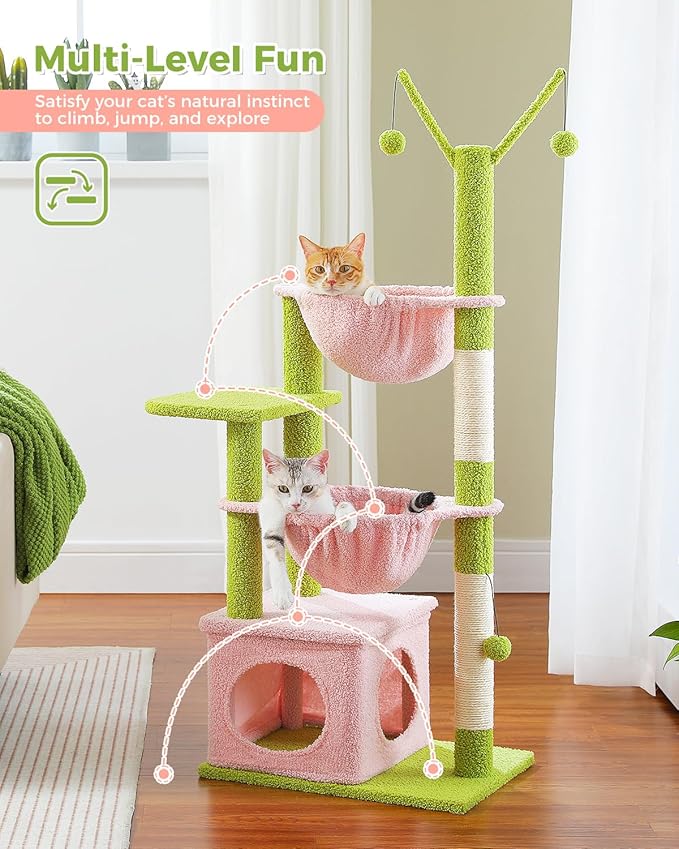 Pink Cat Tree, 47.6" Cat Tower with 2 Metal Frame Hammock, Cat Scratching Post for Indoor Cats with 2 Removable Pompom Sticks for Kittens, Pink