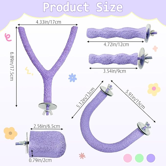 PINVNBY 5 Pack Bird Perch Resin Bird Beak Grinding Stone Parrot Cage Perch Stand Platform Foot Claws Trimmer Chew Toy Bird Cage Accessories for Budgie Cockatiel Conure Lovebird Finch (Purple)