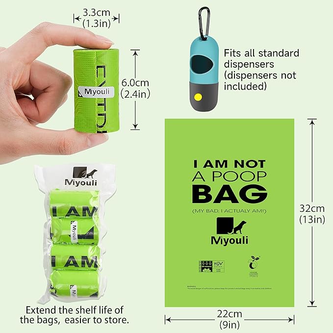 100% Certified Compostable Dog Poop Bag Rolls, 120 Bags (8 Rolls) Eco-Friendly Poop Bags for Dogs, Leak Proof Unscented Easy Open Poop Waste Bag(Green)