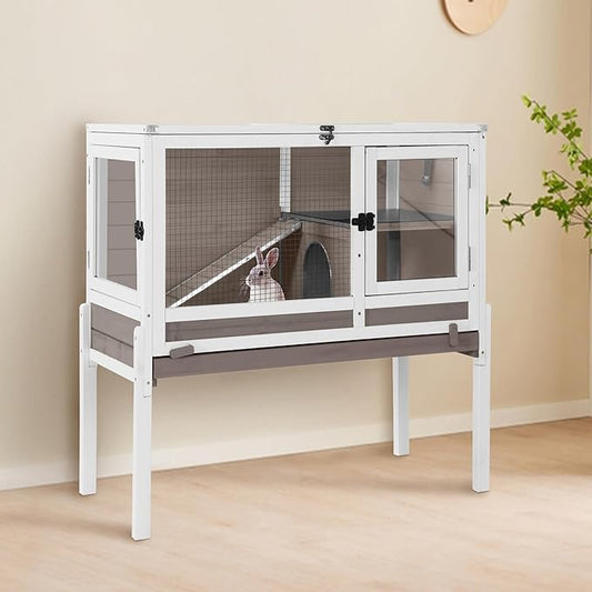 GUTINNEEN Guinea Pig Cage Rabbit Cage Indoor with Chew-Proof Edges, Clean Deep Tray, Leakproof PVC Layer, Small Animals Cage with Adjustable Legs - Brown