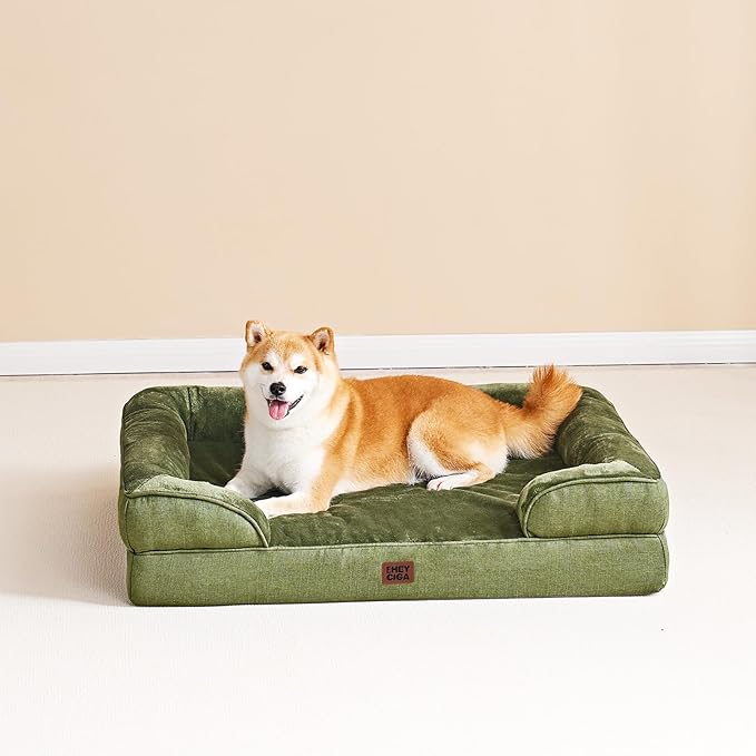 EHEYCIGA Orthopedic Dog Bed for Small Dogs, Waterproof Memory Foam Small Pet Beds with Sides, Non-Slip Bottom and Egg-Crate Foam Medium Dog Couch Bed with Washable Removable Cover, Olive Green