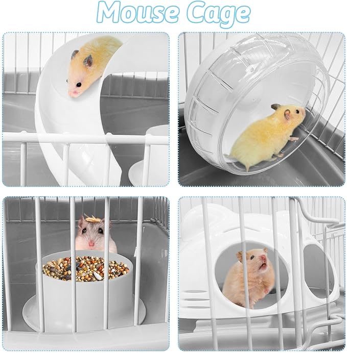 PINVNBY Dwarf Hamster Cage, Small Animal Cages, 2-Tier Travel Portable Mouse Cage Hamster Carrier with Castle House Running Exercise Wheels, Water Bottle and Food Dis(Gray)