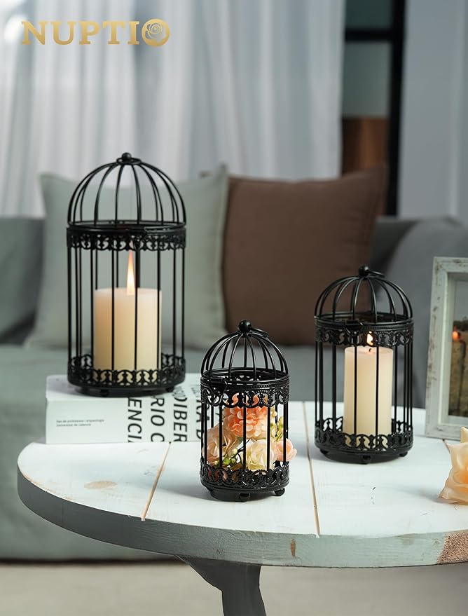 NUPTIO Black Decorative Bird Cage: Birdcage Hanging Lantern for Pillar Candles - Vintage Bird Cages Candle Holders for Halloween Christmas Table Centerpiece 7.7 Inch H