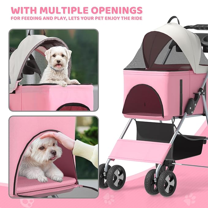Magshion Foldable Pet Stroller, 3-in-1 Dog Travel Jogger with Detachable Carrier, Cup Holder, Storage Basket, Folding Carrier for Small/Medium Dogs & Cats Up to 33 lbs, Pink