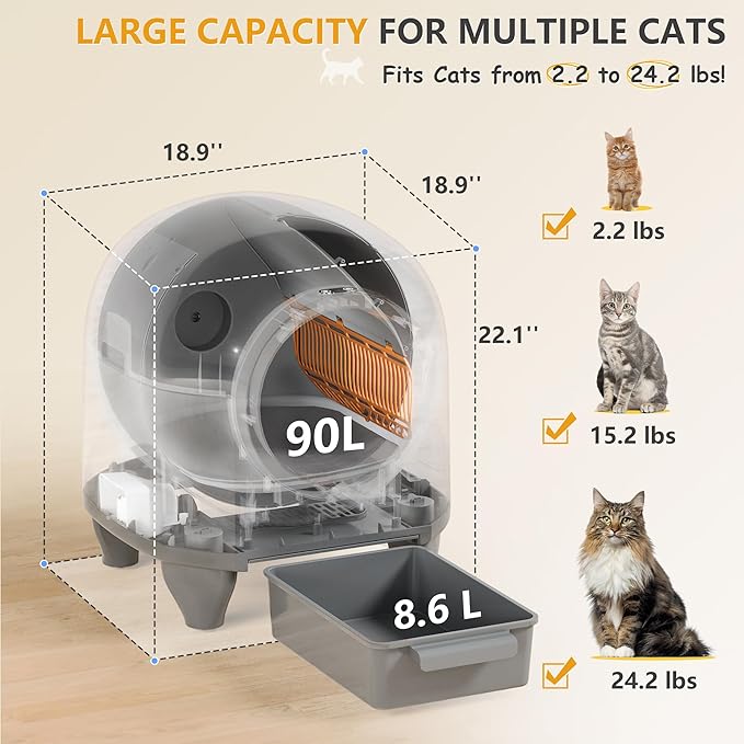 WARCAT Self Cleaning Litter Box Automatic, 90 L Automatic Cat Litter Box for Multiple Cats APP-Controlled with Smart Sensors, Safety Protection,Mat,1 Roll Garbage Bag (Gray)