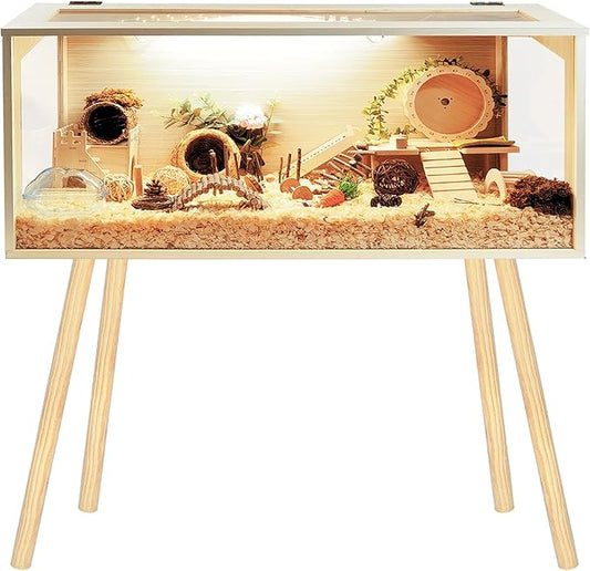 Hamster Cage Wooden Chew Proof, Extra Large Mice and Rat Habitat Openable Top with Acrylic Sheets Solid Built Small Animal Cage with Leg Stands, 48 Inch Long