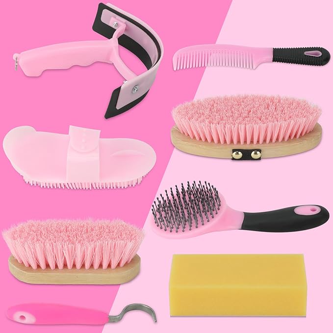 Horse Grooming Kits, 9 Pieces Pink, Includes Tote Bag, Bathing Supplies Sweat Scraper Bathing Sponge, Hoof Pick, Curry Comb for Horse Riders Beginners