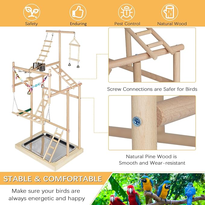 Pet Parrot Playstand Parrots Bird Playground Bird Play Stand Wood Perch Gym Playpen Ladder with Feeder Cups Bells for Cockatiel Parakeet (4 Layers)