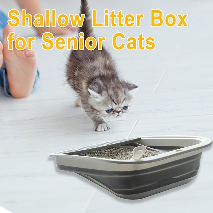 Low Entry Kitten Litter Box, Collapsible Shallow Litter Box Senior Cats Anti-Splashing Kitty Training Open Potty Pan Scoop Leak-Proof Pedal Cat Toilet No Smell Easy Clean