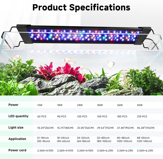 AQQA LED Aquarium Light, 24/7 Mode IP68 Waterproof Extendable Bracket Fish Tank Light, DIY Mode Full Spectrum Aquarium Plant Light, Adjustable Timer/Brightness Memory Function for 48-55 Inch Fish Tank